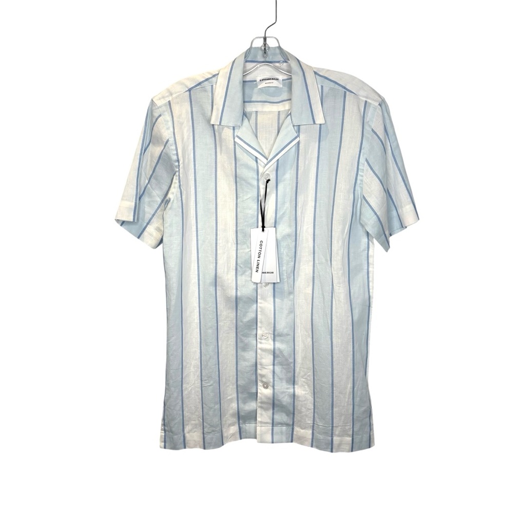 Lindbergh cotton/ linen Blue & White Striped Short Sleeve button Shirt sz. Small - Picture 2 of 12